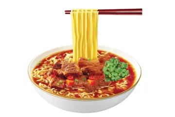 Pasta with red sauce, meat and vegetables